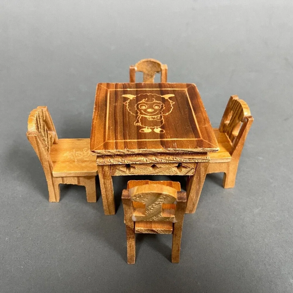 Wooden Dining Table with 4 Chairs Brown Doll House Toy Furniture Lot of‎ 5
